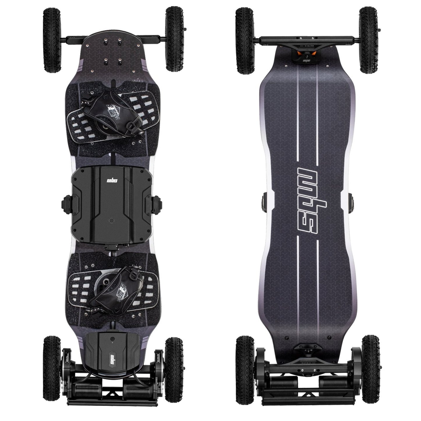 top and underside view of an MBS agent air electric mountain board with f5x bindings.
