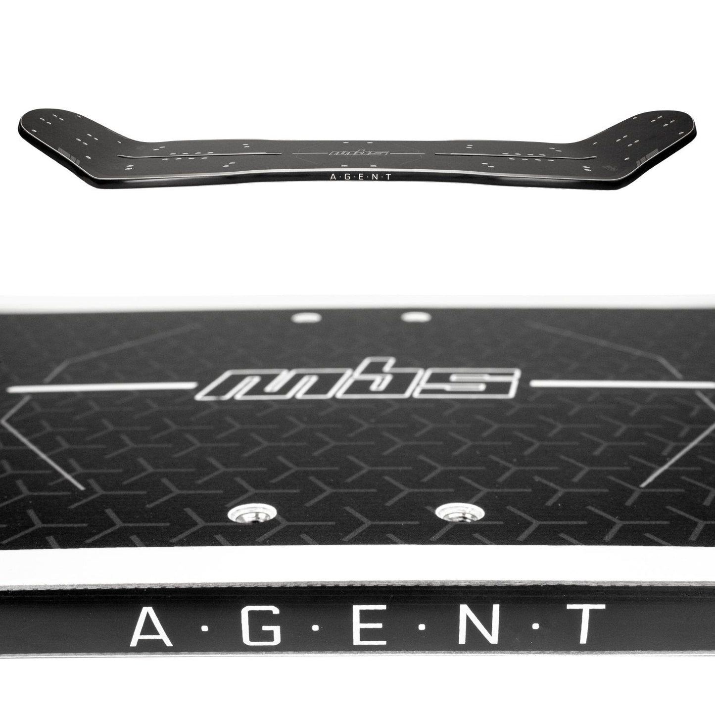 Close-up of the MBS Agent Deck’s ABS sidewalls and multiple truck mounting holes for customizable setups.