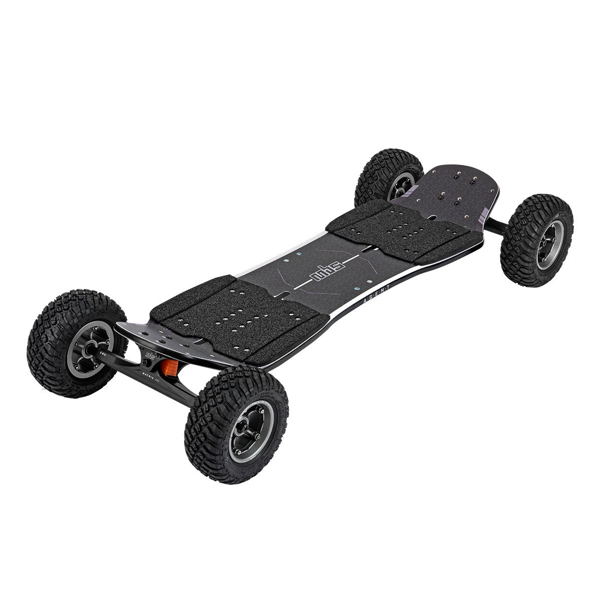 MBS AGENT EXPLORER mountainboard with ultra-wide 200x70 EXPLORER tires and RockStar Pro II XL hubs, designed for ultimate freeride performance.
