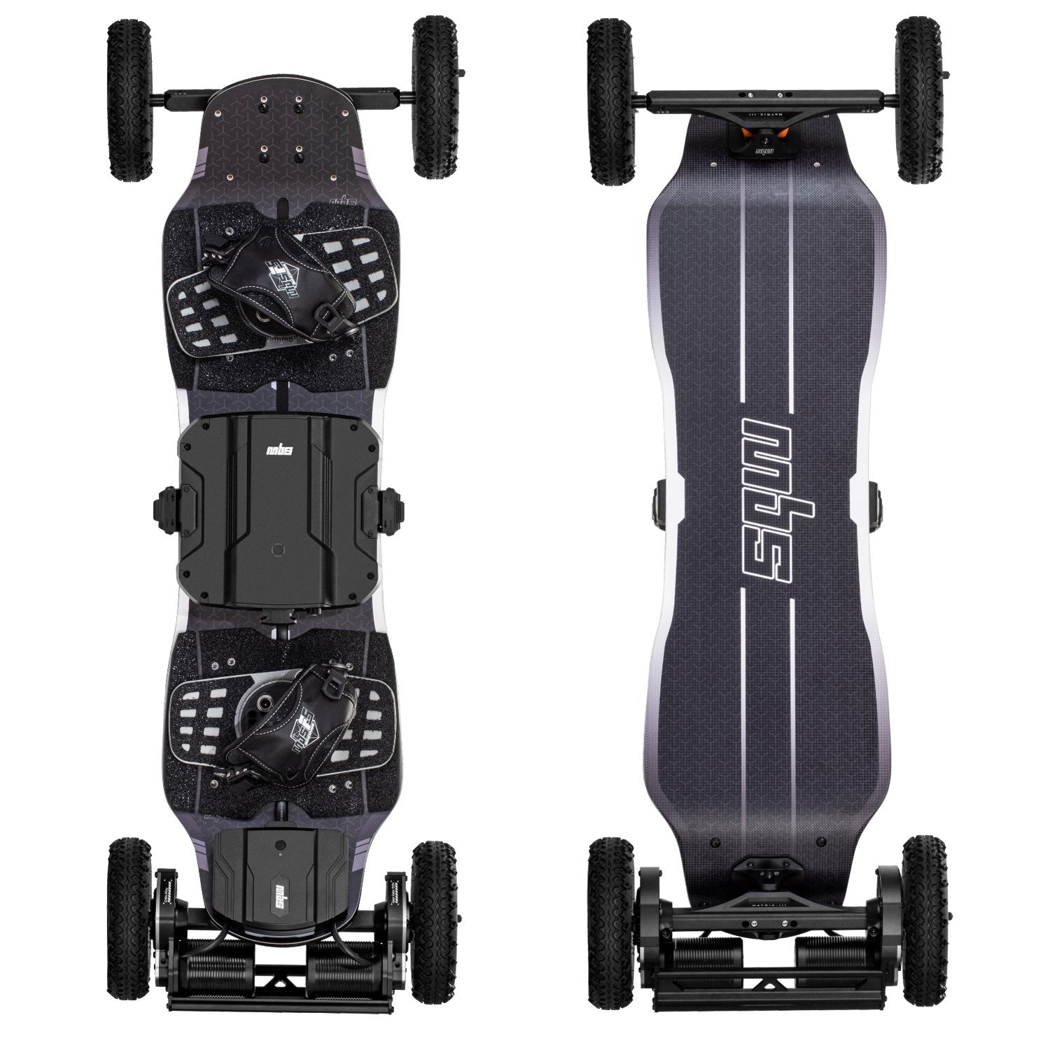 top and underside view of an MBS agent air electric mountain board with f5x bindings.