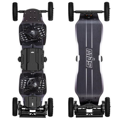 top and underside view of an MBS agent air electric mountain board with f5x bindings.